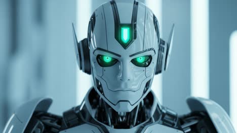 a futuristic android with striking green eyes: showcasing sophisticated robotics and advanced ai technology in a sleek modern environment