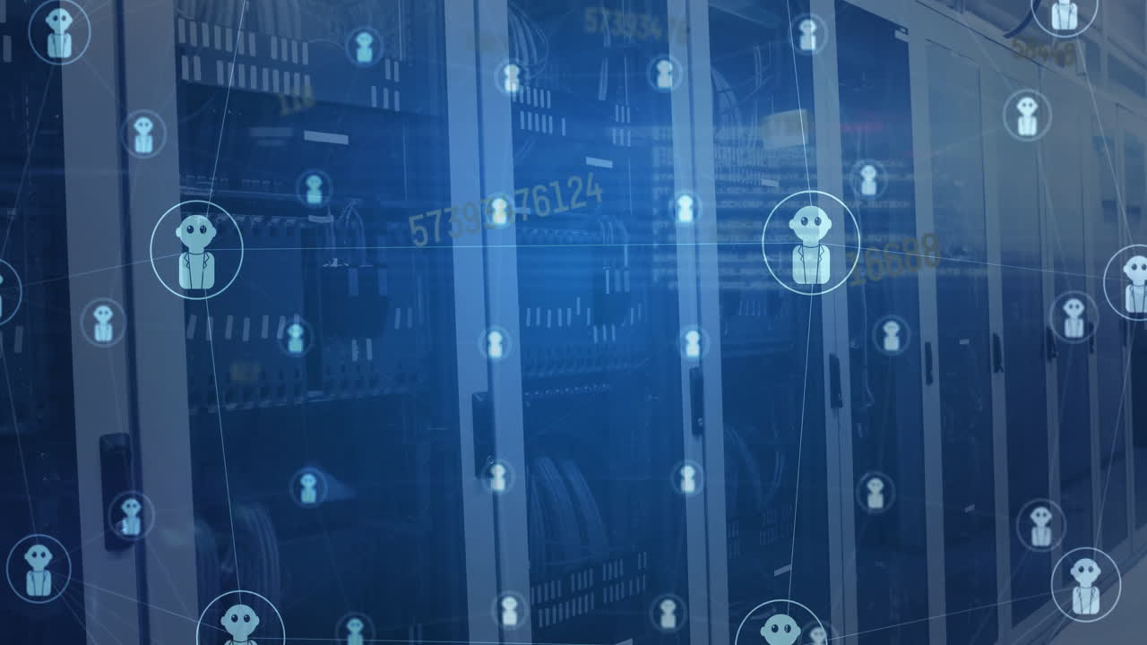 animación de la red de iconas de chatbot que giran sobre la sala del servidor de la computadora