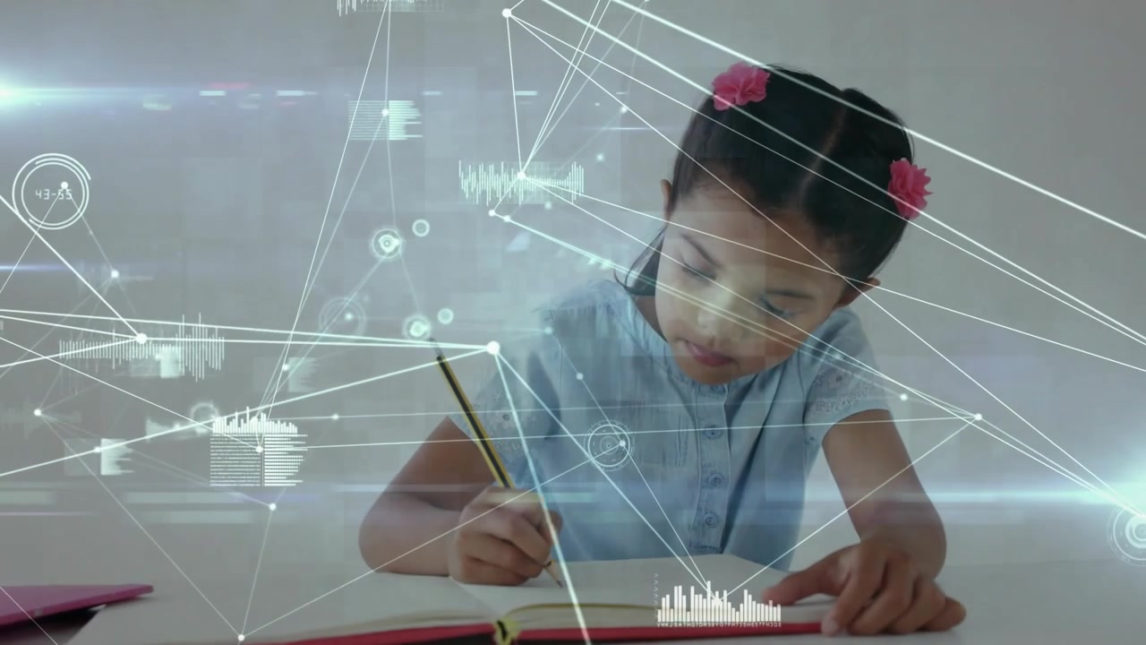 Girl writing notebook pencil touching page activating network overlay mapping notes for education