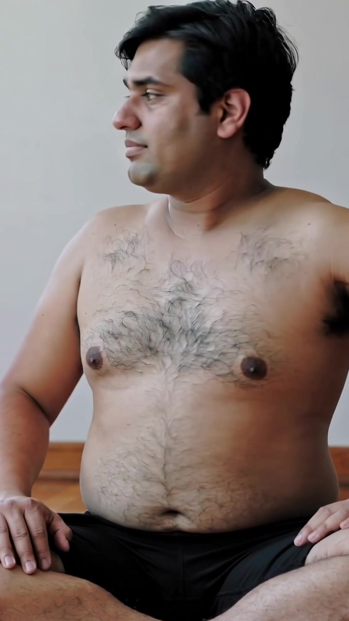 Vídeo vertical: Homem sem camisa, de frente, virando o tronco e a cabeça em um quarto, vestindo shorts escuros e justos.