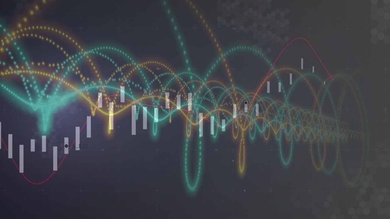 Teal dot arc rising left starting data chart, bars moving and waveforms looping right show trends