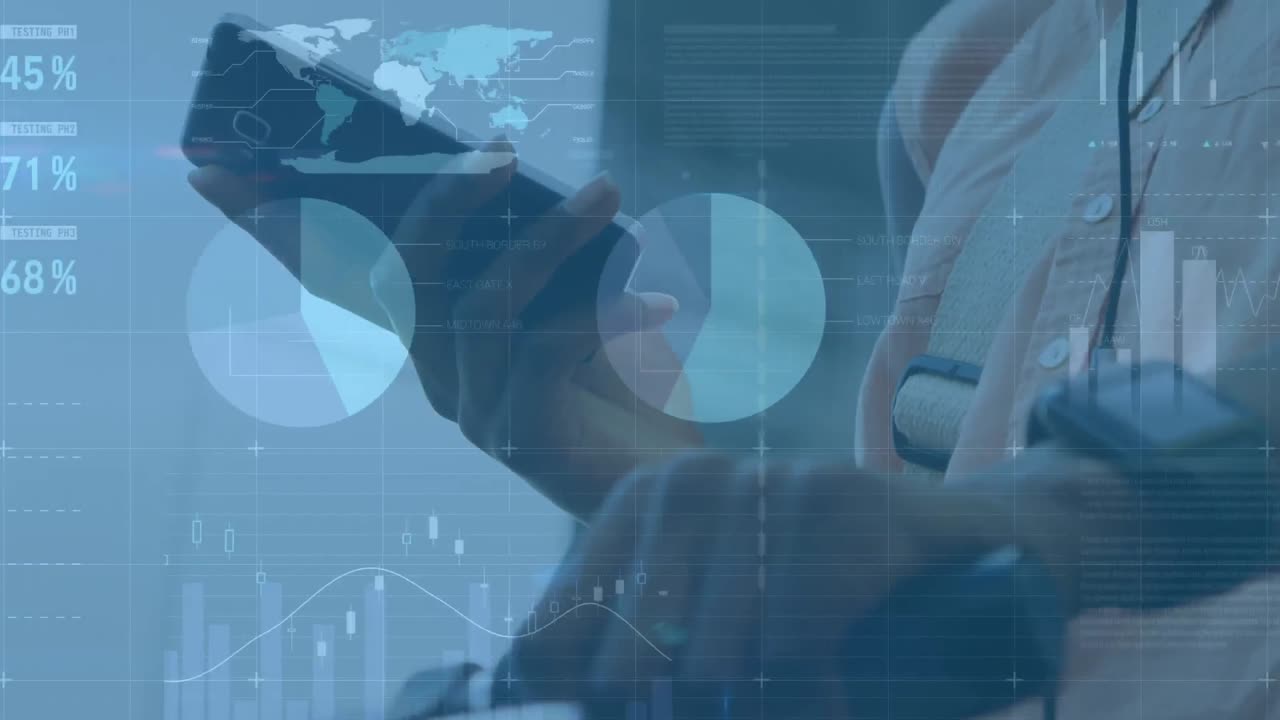 Animation of statistics and data processing over midsection of woman using smartphone