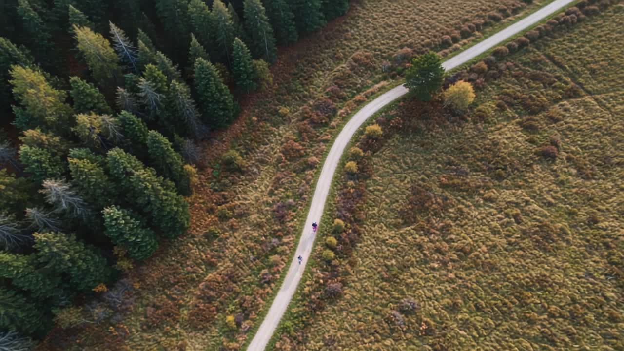 A Serene Aerial View of a Winding Path Through Lush Green Forests and Open Fields, Capturing the Beauty of Nature and Outdoor Adventure