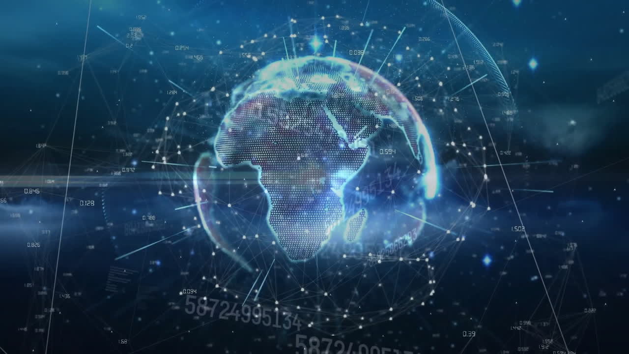 Animation of globe with data processing and network of connections on black background
