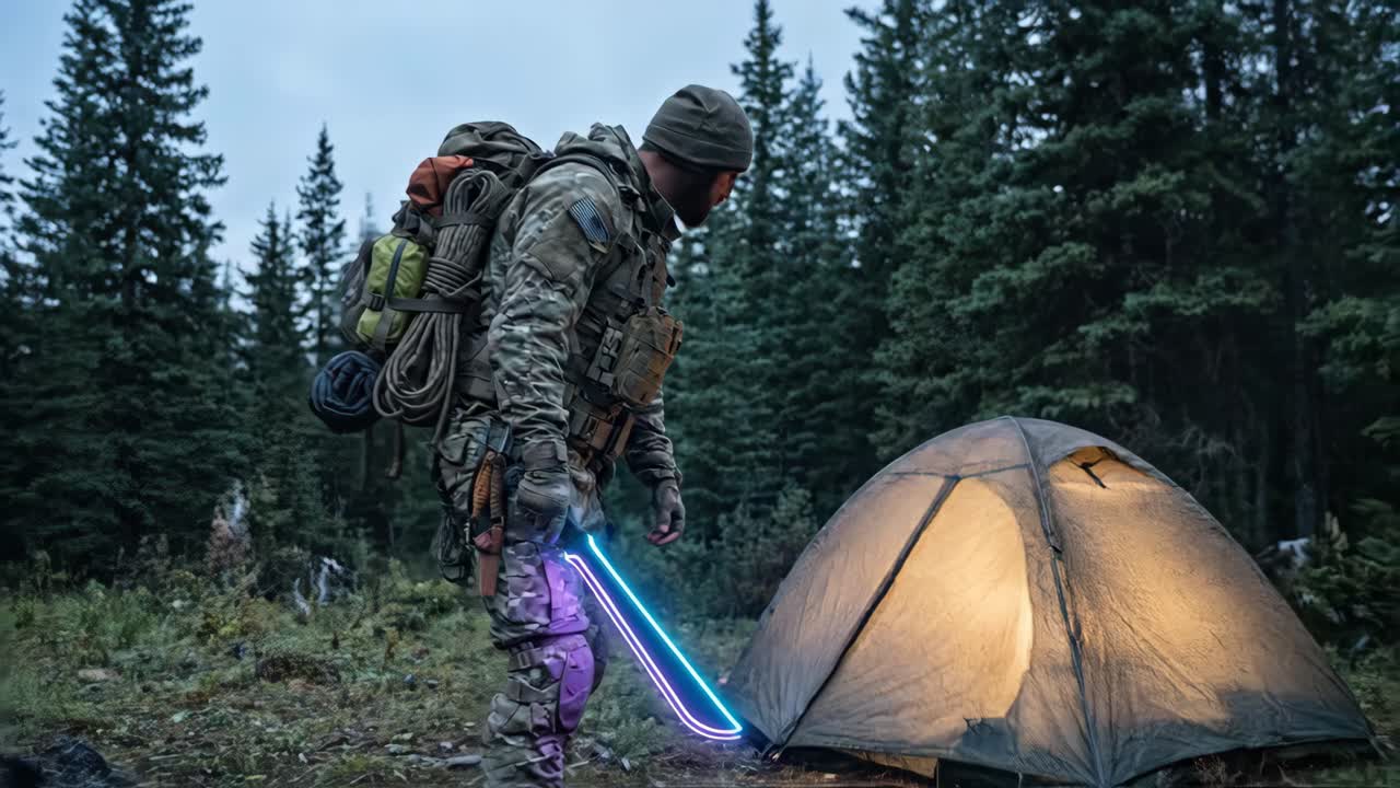 Taktisk soldat med glödande machete på skogscamping