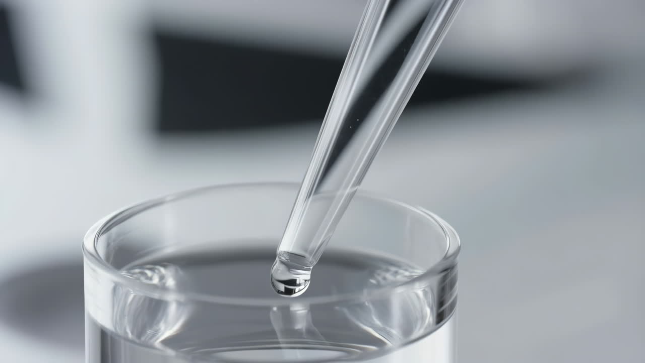 Close-up of a dropper dispensing liquid into a beaker