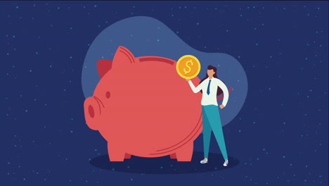 piggy savings money with coins and businessman animation
