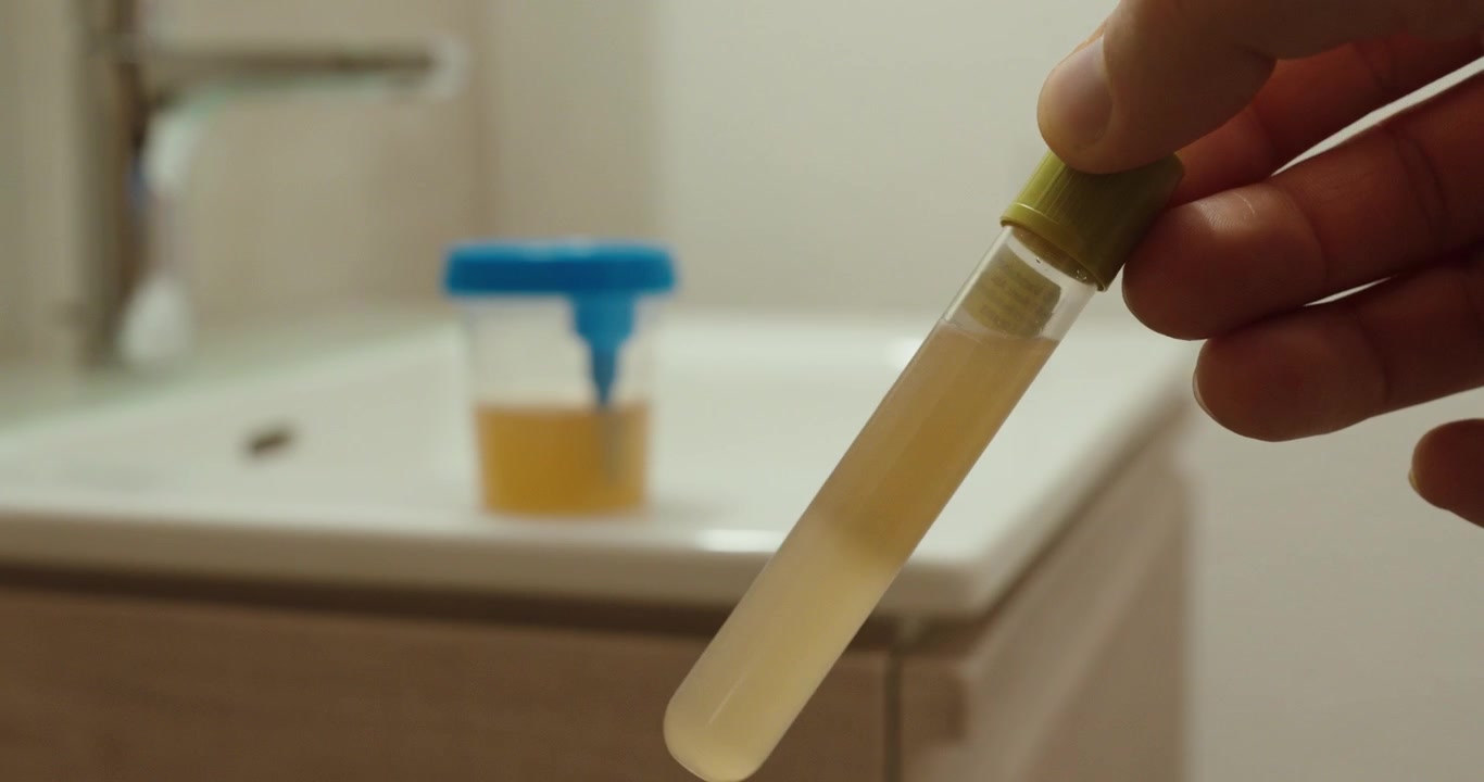 Close-up of a test strip taken from a urine sample in a bathroom, illustrating medical analysis and bacterial testing.