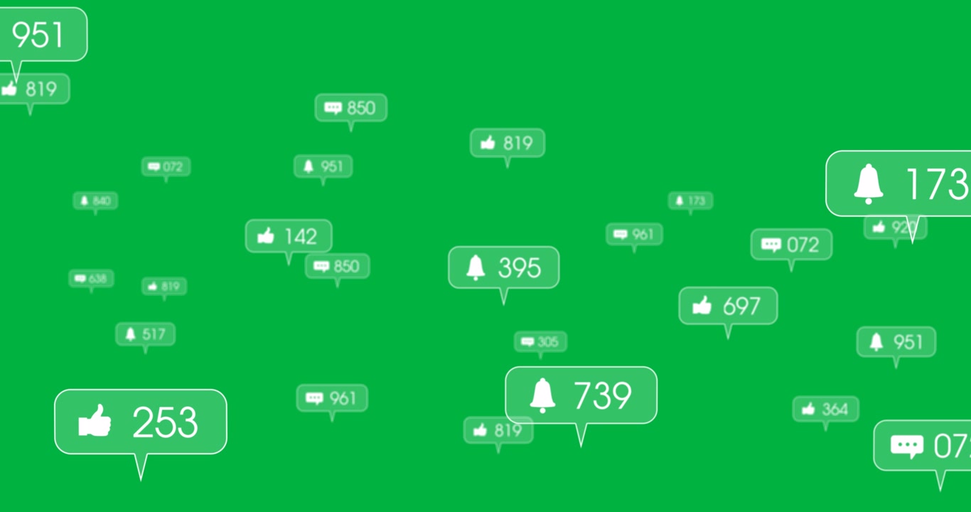 Icone di notifica dei social media fluttuanti su schermo verde