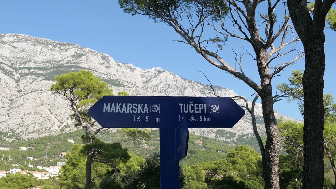 Sign post to Makarska, Croatia, signboard to Croatian tourist resort town