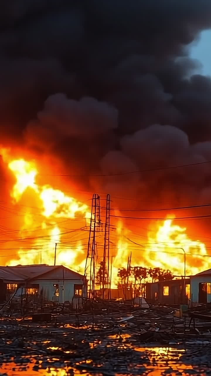 Huge fire hits factory area at dusk. Flames and thick smoke rise from an industrial site in the evening, creating a dramatic and dangerous atmosphere.