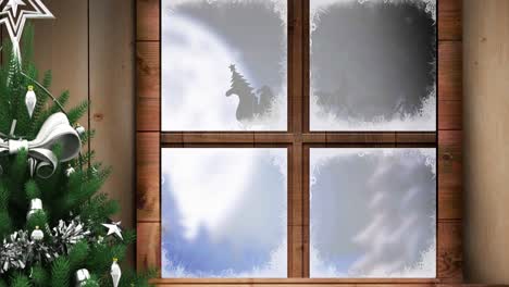 animation of santa claus in sleigh with reindeer seen through window and christmas tree