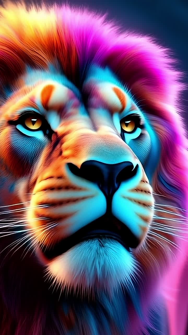 Colorful lion portrait with vibrant hues. A striking lion with a colorful mane gazes intently, showcasing various vibrant colors against a dark background.