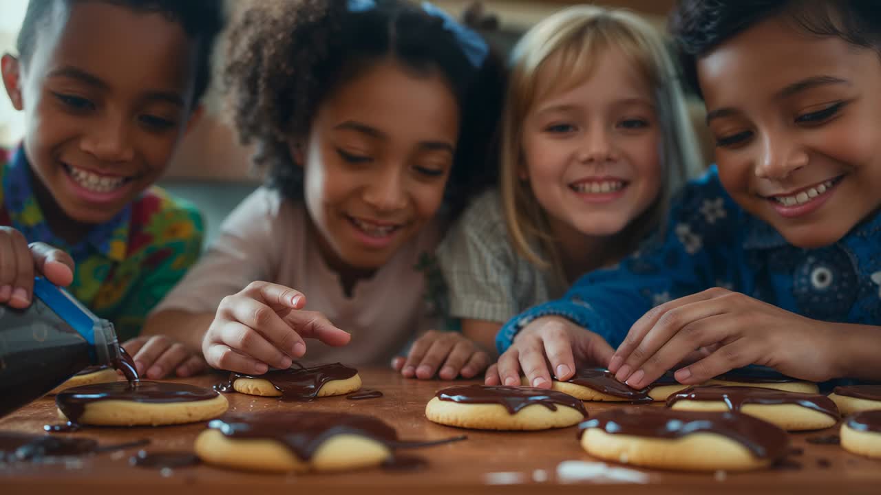 Finishing decorating, girl in pink shirt inspecting, tasting cookies in kitchen with wooden table