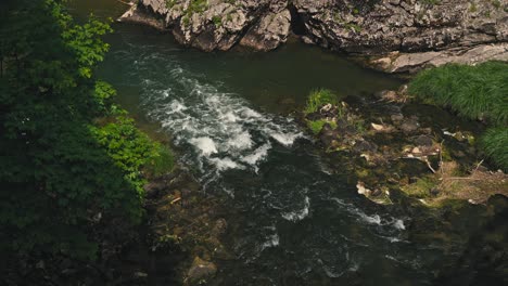 Río-Claro-Con-Rápidos-Que-Fluyen-A-Través-De-Terreno-Rocoso-Y-Exuberante-Vegetación-En-Rastoke,-Croacia