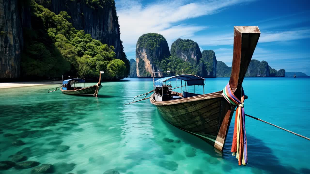 Vídeo panorâmico de barcos tradicionais em águas azul-turquesa, com uma vista de baixo ângulo capturando falésias exuberantes