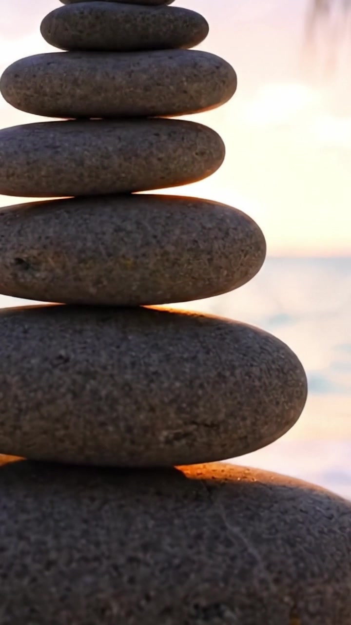 A Tranquil Tower of Balanced Stones Against a Serene Sunset Background Reflects Harmony and Calmness by the Seashore During Golden Hour