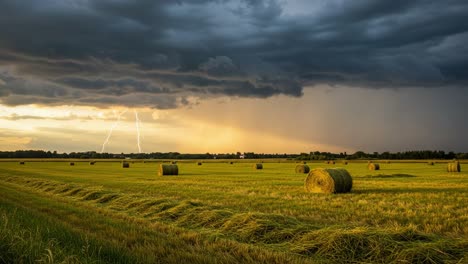 a dramatic transition of nature: an expansive field with bales of hay under stormy skies and lightning strikes as the daylight fades away