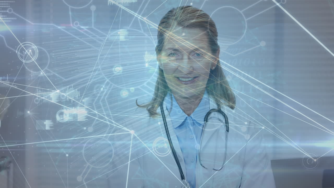 Animazione di una rete di connessioni e elaborazione dati su una dottoressa caucasica