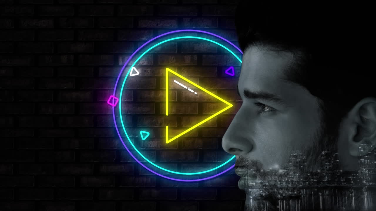 animación de icono de juego en círculos con edificios y hombre caucásico mirando lejos por encima de la pared de ladrillo.