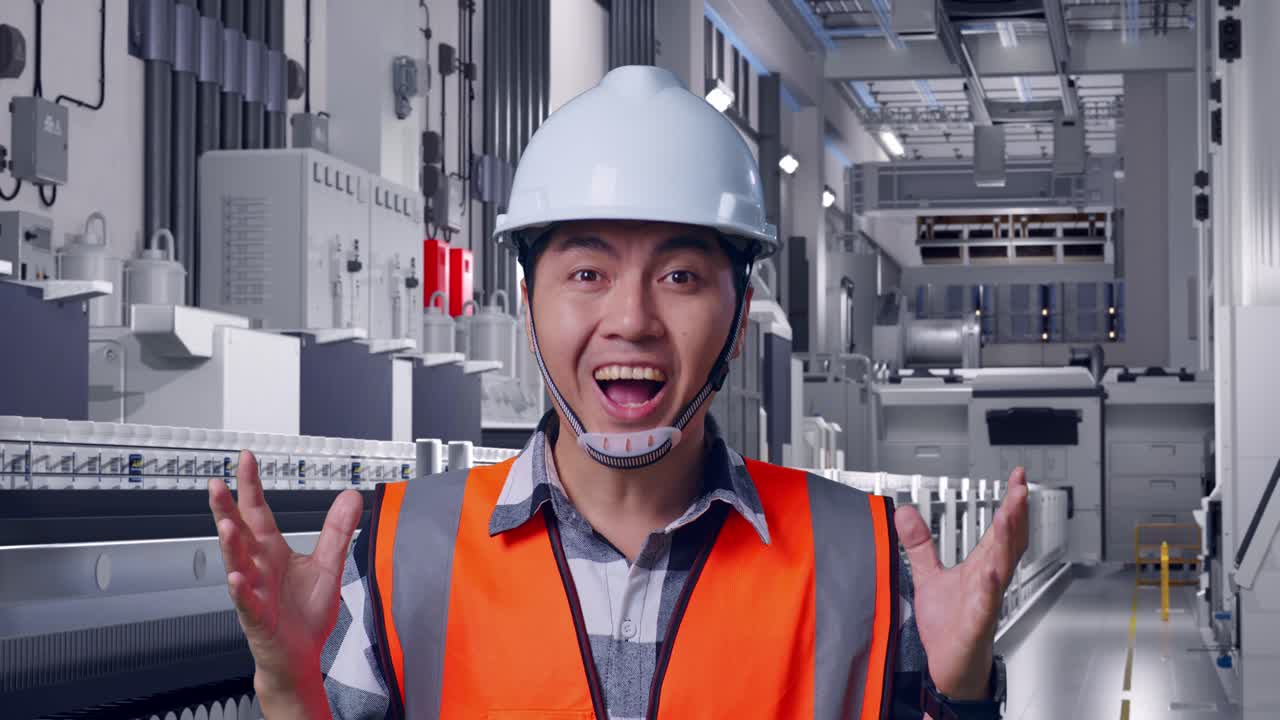 Close Up Of Asian Male Engineer With Safety Helmet Smiling To Camera And Saying Wow While Standing At Pharmaceutical Factory, Vaccine Production Facility