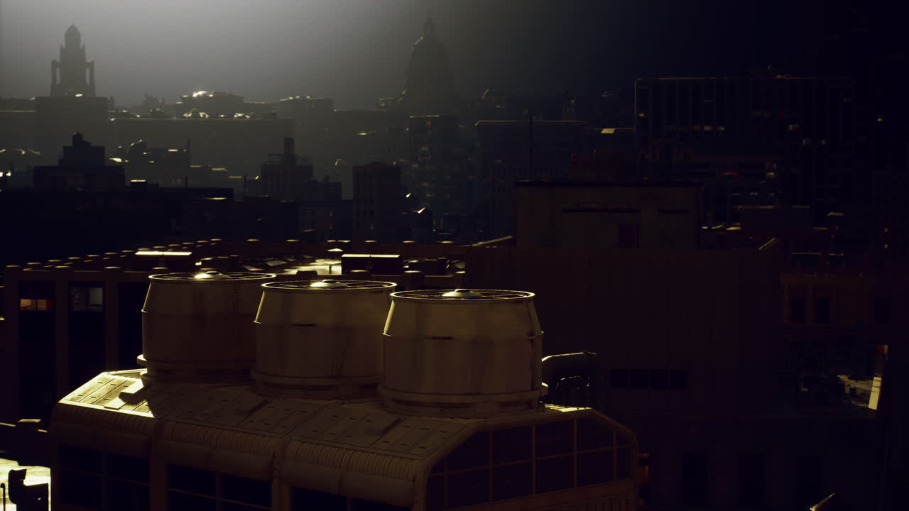 Urban skyline at dusk highlighting intriguing architecture and rooftop features