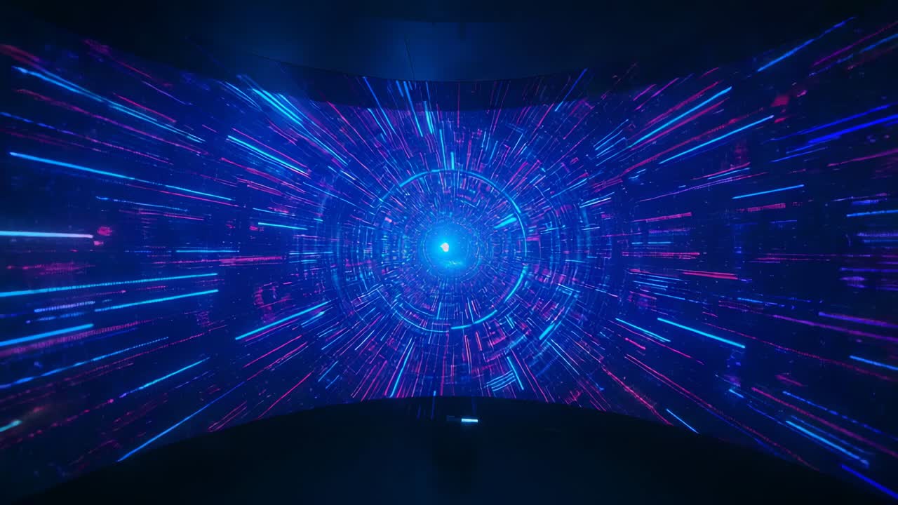 Starting central blue orb glowing, projecting blue and magenta streaks in dark dome, forming ring