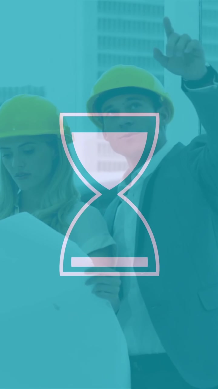 Animation of hourglass over caucasian colleagues discussing project