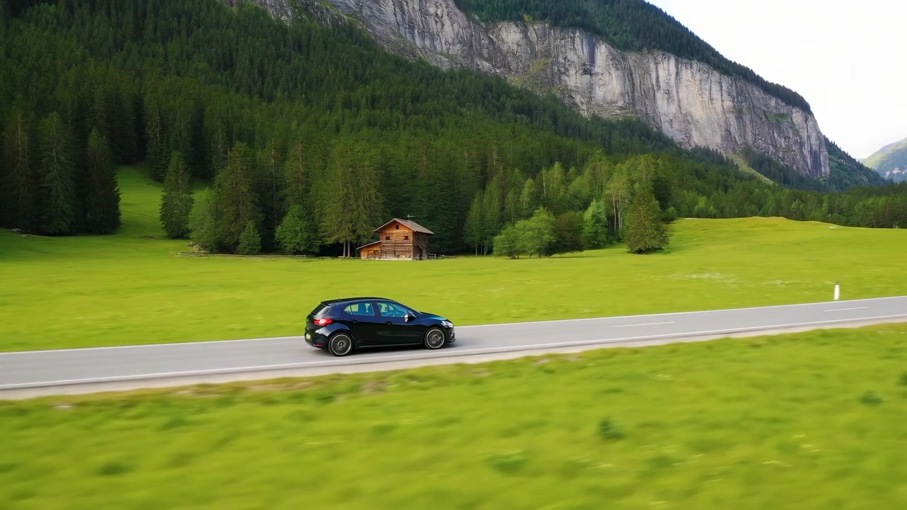 La vista laterale segue l'auto in movimento accanto alla vegetazione luminosa del prato, mentre una piccola baita in legno, una foresta di sempreverdi stratificata e una parete rocciosa pallida rimangono visibili sotto la luce diurna coperta
