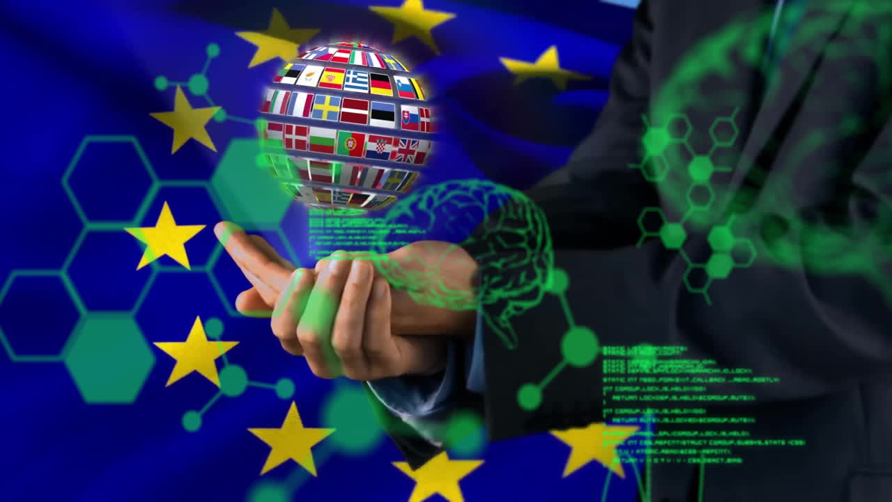 Holding globe with flags, hands featuring animation over European Union flag
