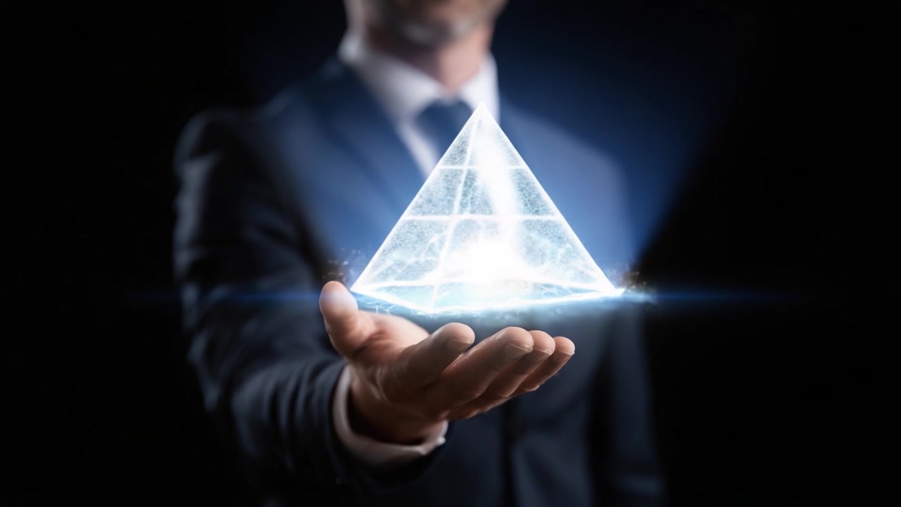 Una Trasformazione Drammatica: Un Individuo in Abito Progredisce da un'Orbita Scintillante di Energia a una Piramide Radiosa e Celeste in Due Fotogrammi Accattivanti
