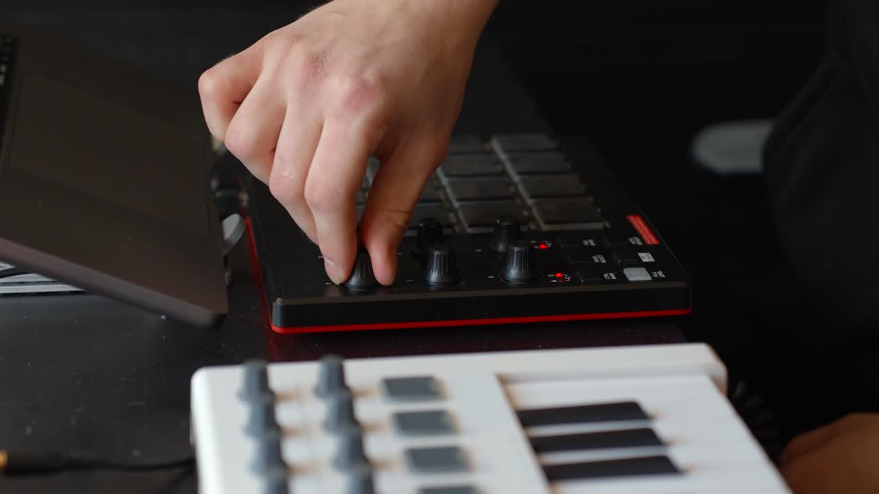 Fixed macro close-up of a hand adjusting knobs on an FX controller, with a blurred keyboard in the foreground inside a home music studio