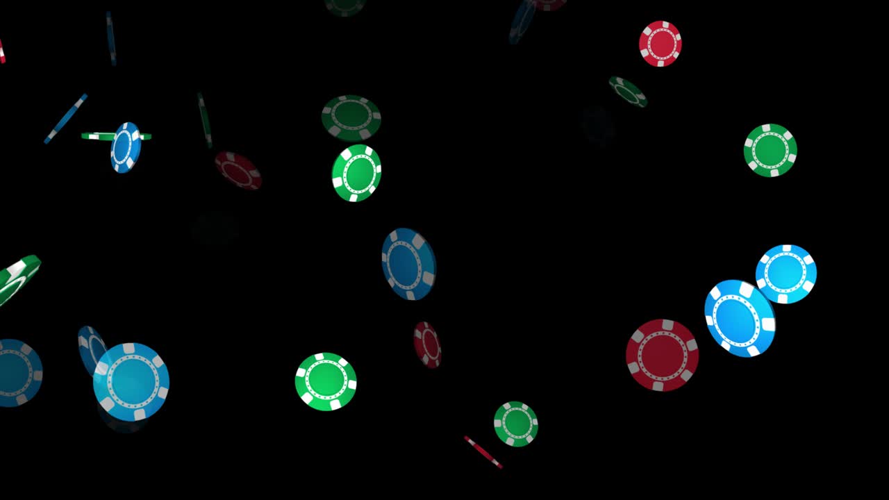 3D Poker Chips smoothly appear at random locations, fly and rotation on green screen. Colored casino gambling chips slowly flowing. Closeup view of Casino Chips. Betting game concept. 4K Alpha Channel