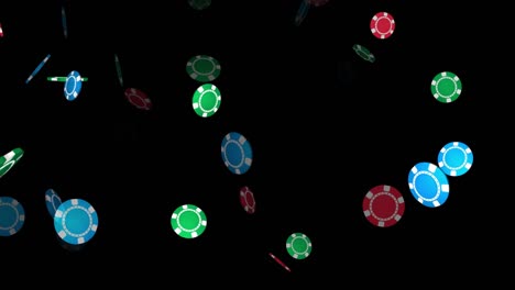 3d poker chips smoothly appear at random locations, fly and rotation on green screen. colored casino gambling chips slowly flowing. closeup view of casino chips. betting game concept. 4k alpha channel