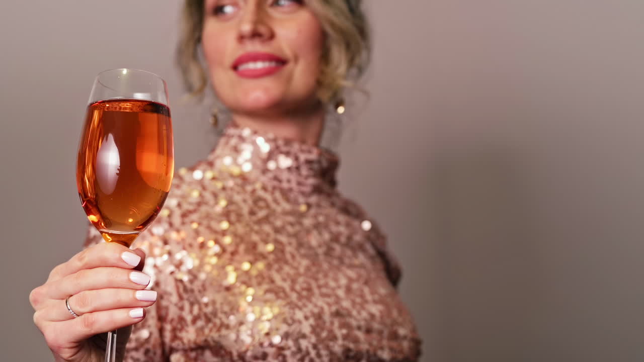 Giovane donna sorridente che tiene in mano un bicchiere di champagne