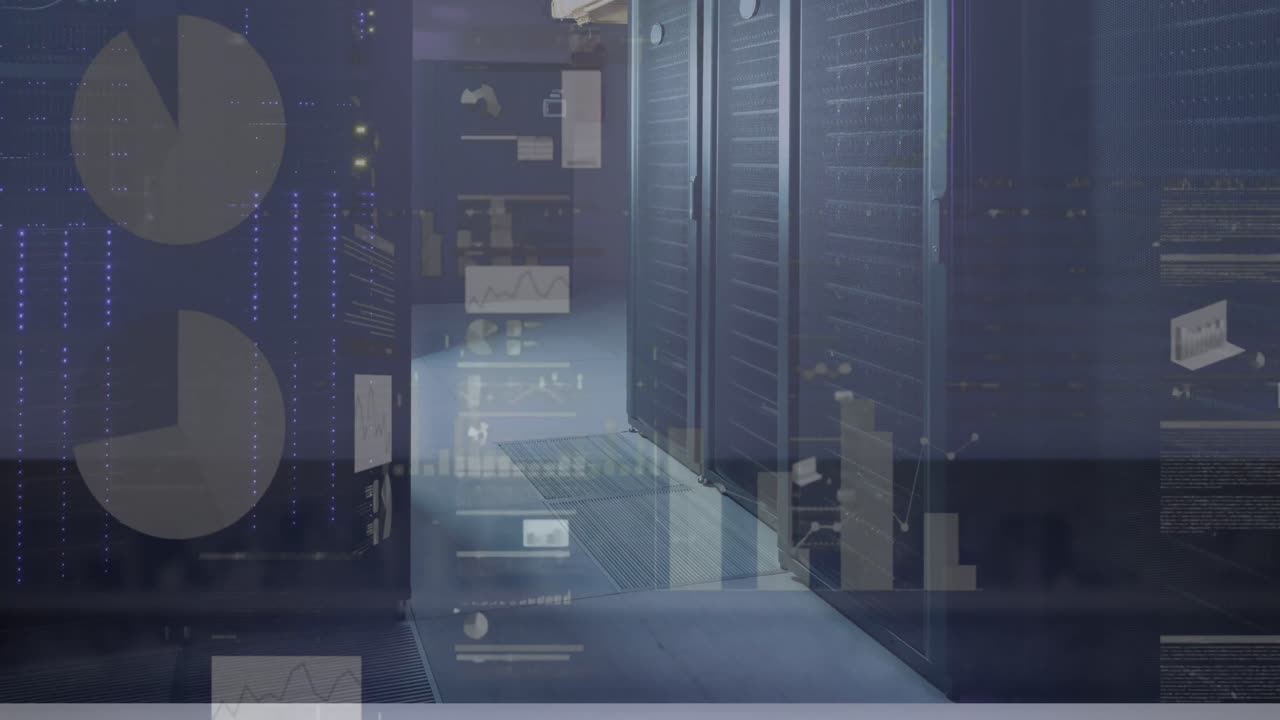 Animation of infographic interface against server room in background