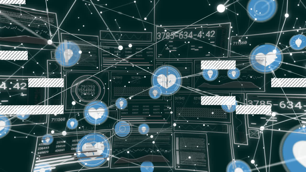 Animation of network of connections with icons and data processing over screens