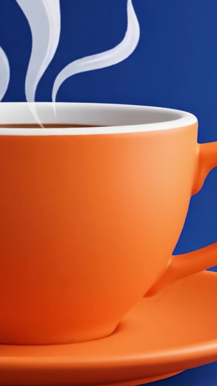 A Close-Up Look at an Orange Coffee Cup Against a Vibrant Blue Background, Showcasing Its Sleek Design and Rich Contents for a Stylish Coffee Experience