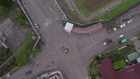 Top-down-of-crossing-at-Waikaboebak-city-at-Sumba-island-Indonesia,-aerial