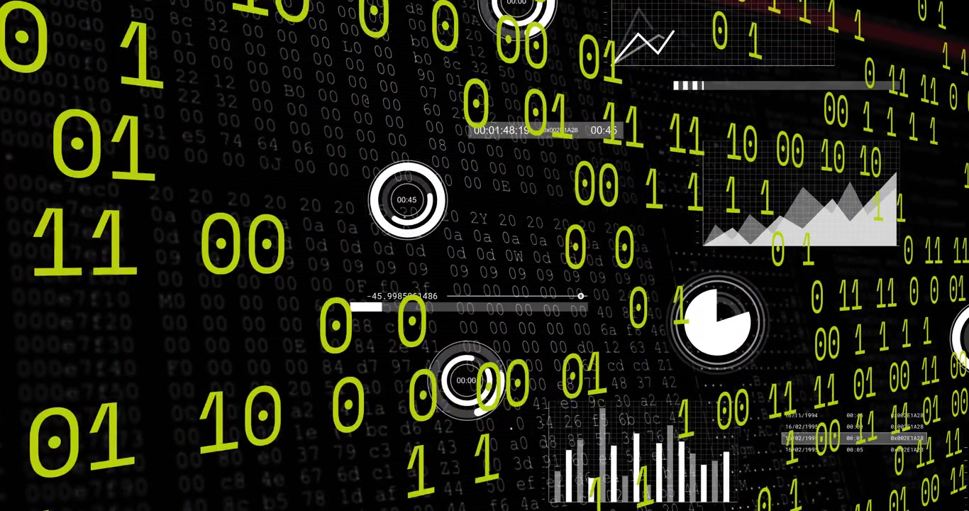 On data burst binary glyphs floating and rotating, HUD dials filling, visualizing secure analytics