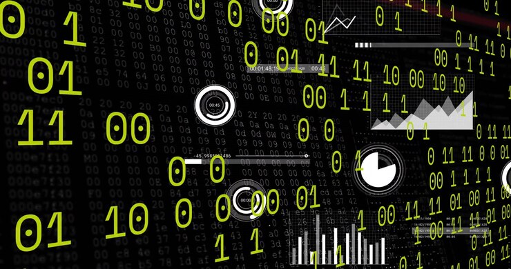 On data burst binary glyphs floating and rotating, HUD dials filling, visualizing secure analytics