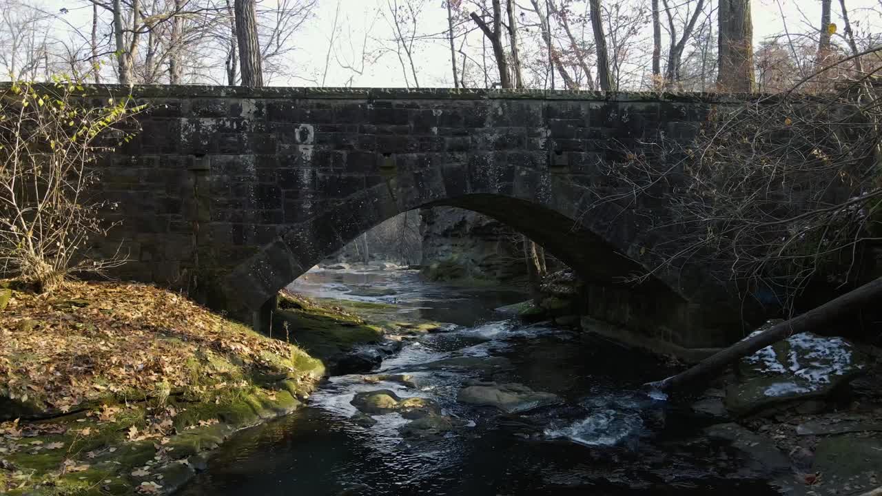 Overlooking pedestrian bridge with water flowing underneath