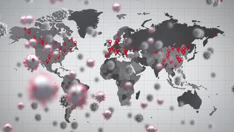 Animation-of-virus-cells-over-world-map-and-grey-background