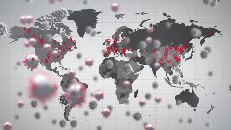 animación de las células del virus sobre el mapa del mundo y el fondo gris