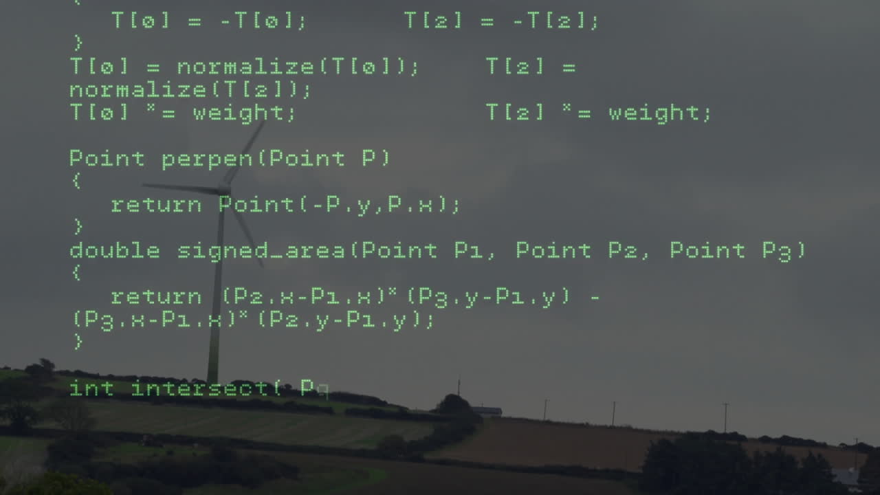 Wind turbine blades rotating in animated illustration, showing green code overlay across fields