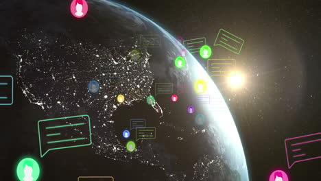 animation of digital social media icons processing over globe