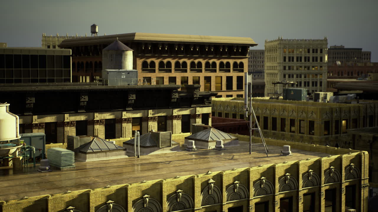 Urban rooftops during late afternoon with varied architectural styles in city