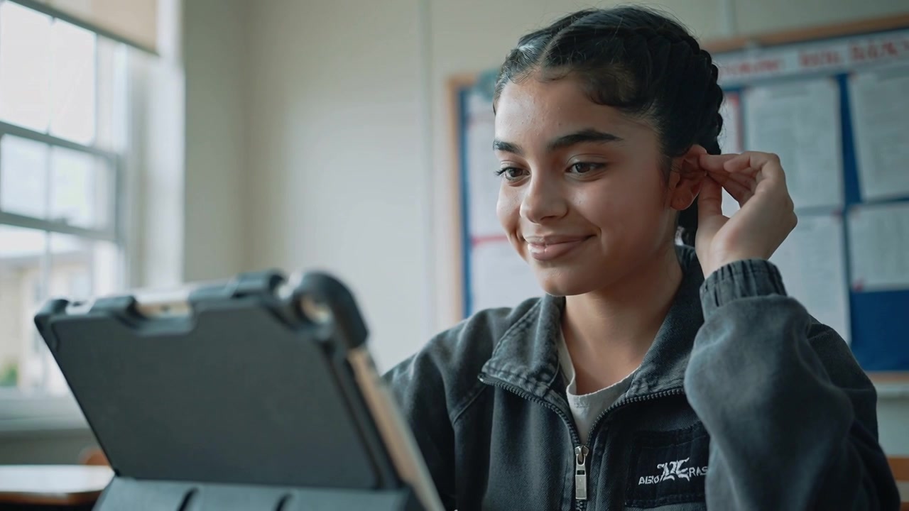 Tablet-Audio hörend, jugendlicher Schüler in grauem Fleece, der einen Ohrhörer am Klassenzimmertisch anpasst, lächelnd.