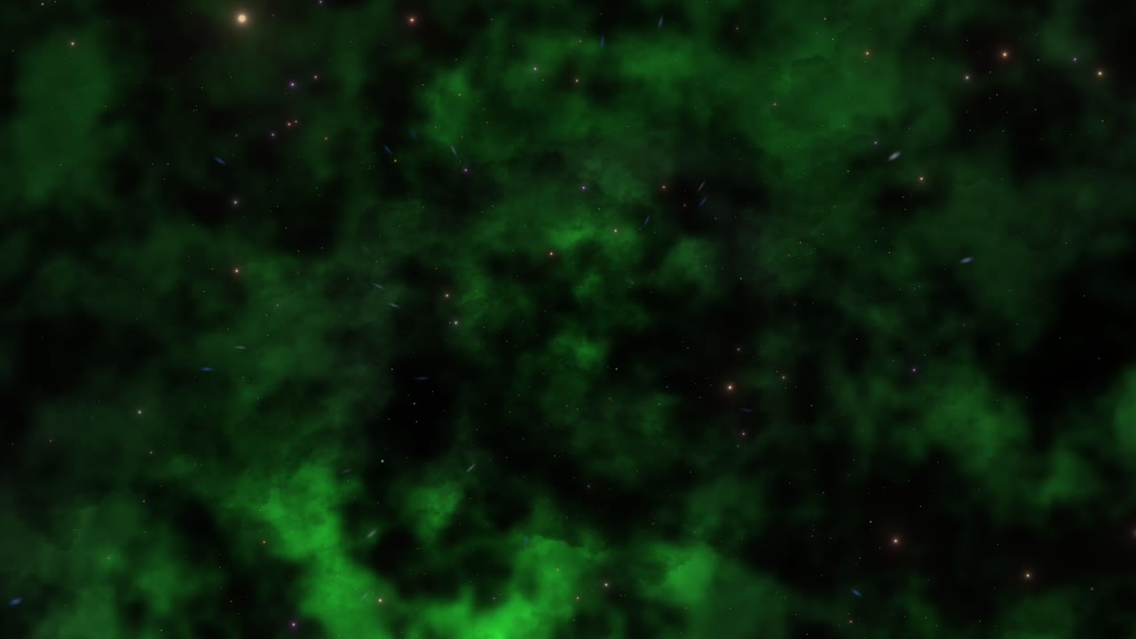CGI-univers-gennemflyvning af stjerner i en enorm mørkegrøn støvagtig nebulasky i det dybe rum, bredt udsyn