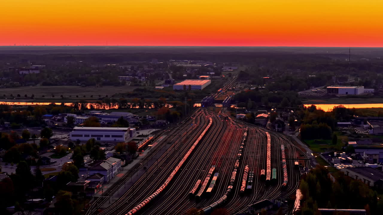 Rail yard with multiple train tracks under vivid orange sunset, wide aerial landscape view